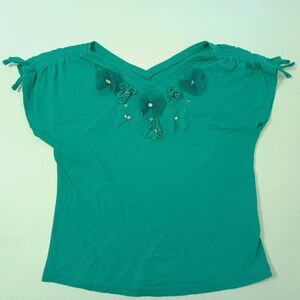 Girls' Short Sleeve Teal Green Floral Top With Tulle Applique Size 6